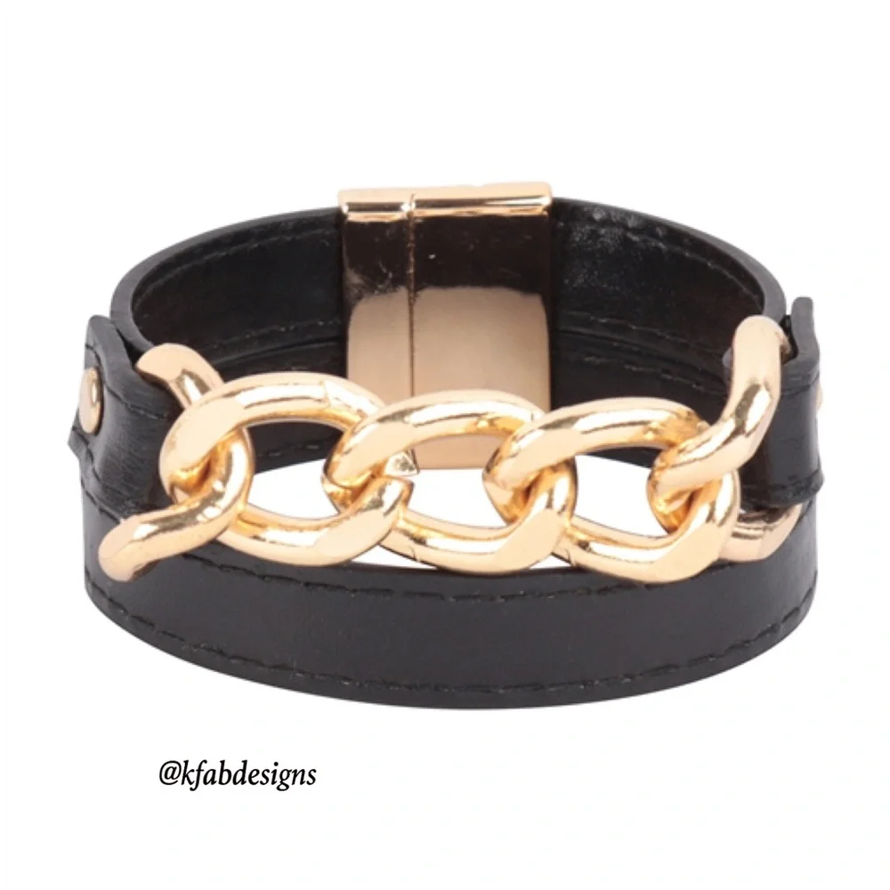 ❤️LAST 1! LEATHER CHAIN MAGNETIC LOCK WRAP BRACELET- Black - Picture 1 of 3